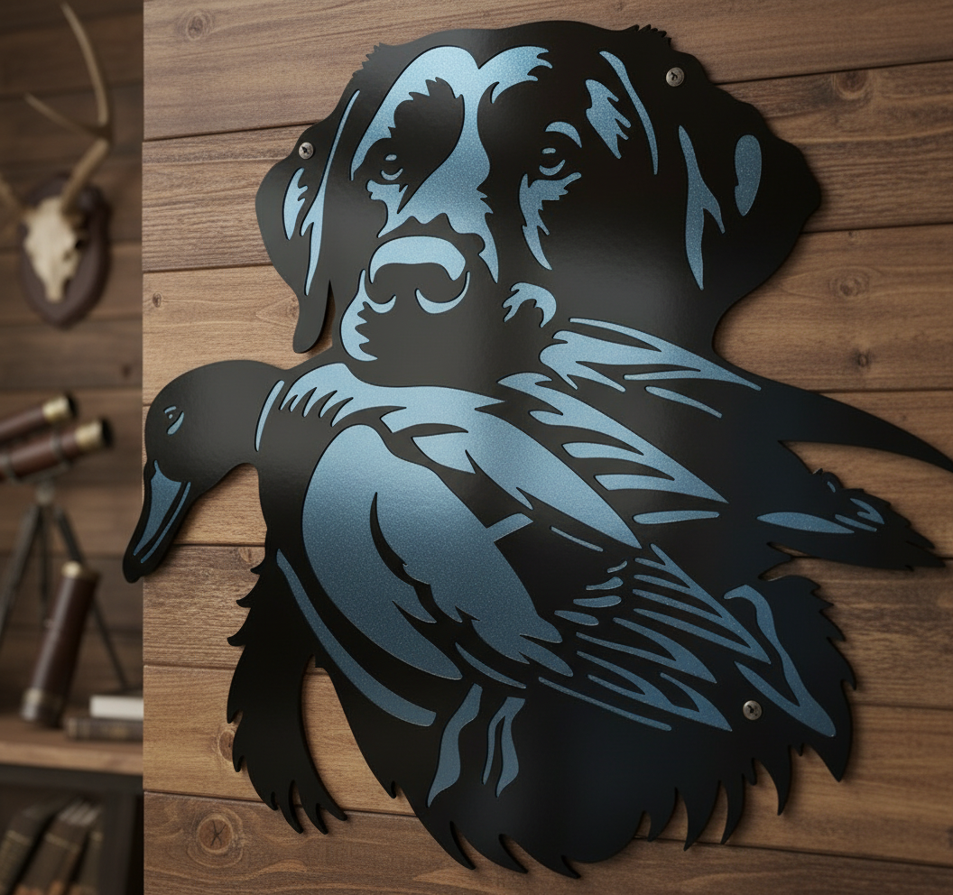 Illustration of a dog holding a duck with blue and black colors on a white background