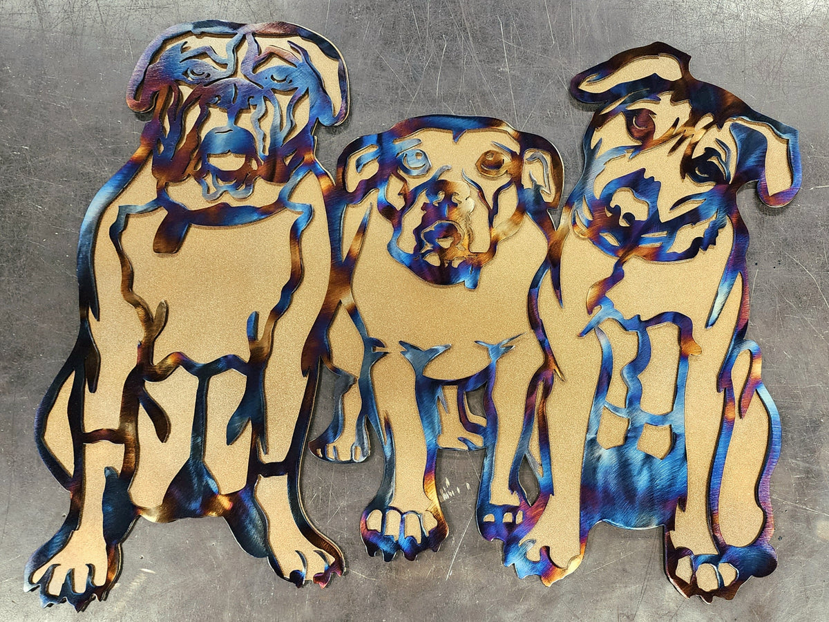 Three-dog metal artwork by Elite Metalworking