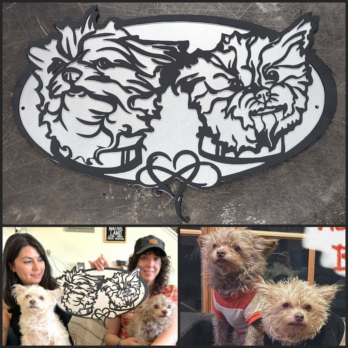 Dog reference photograph alongside custom cut-metal dog artwork by Elite Metalworking