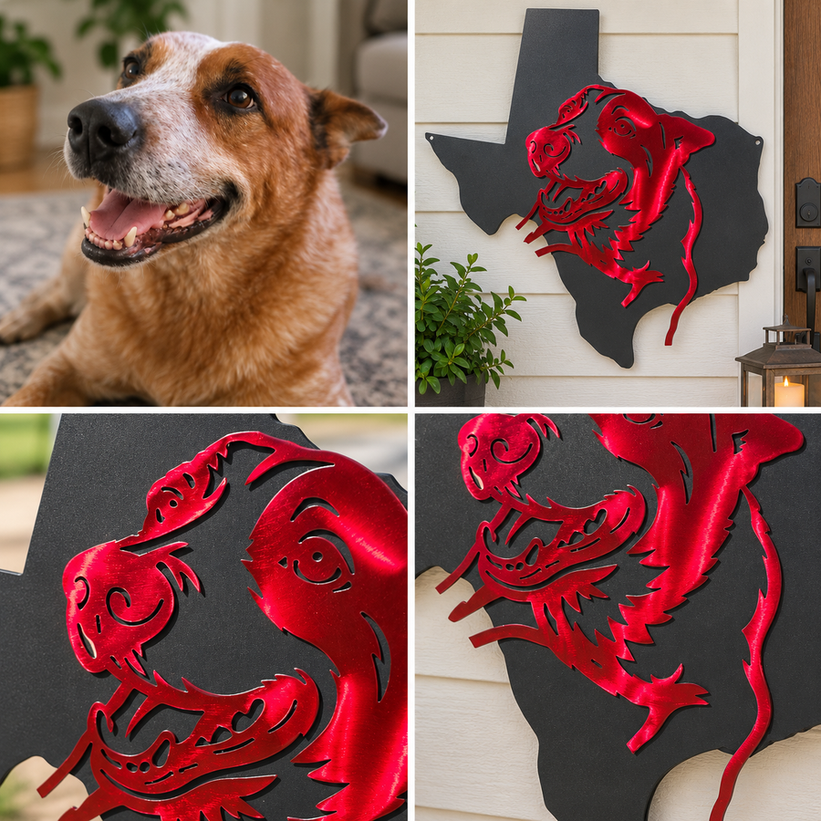 Nikita original dog photograph beside the finished personalized metal portrait garden stake by Elite Metalworking