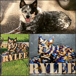 Dog reference photograph alongside custom cut-metal dog artwork by Elite Metalworking