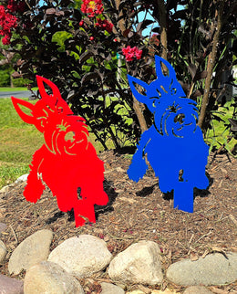 Red and blue dog garden stakes by Elite Metalworking