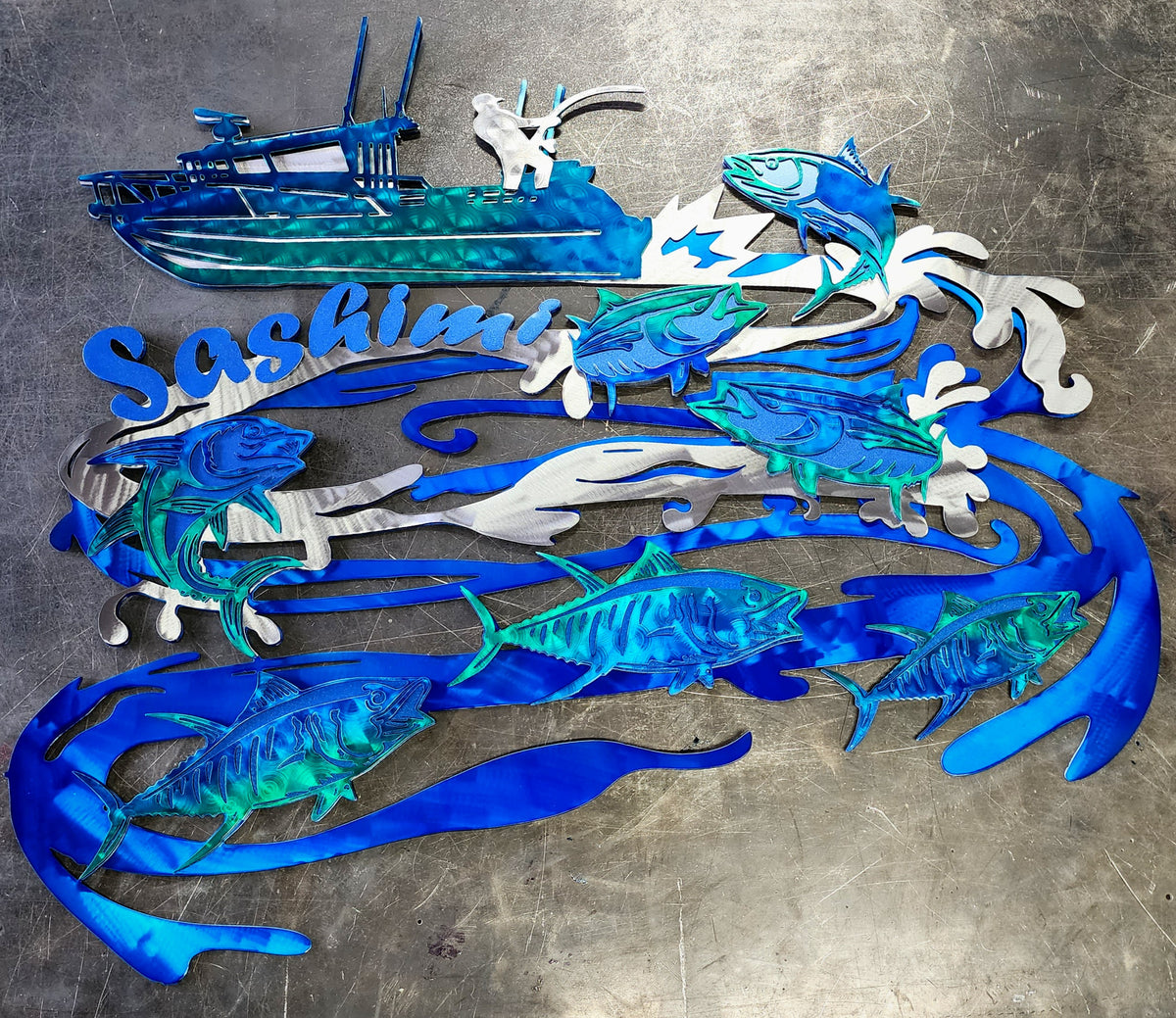 Colorful Sashimi boat and fish sign by Elite Metalworking