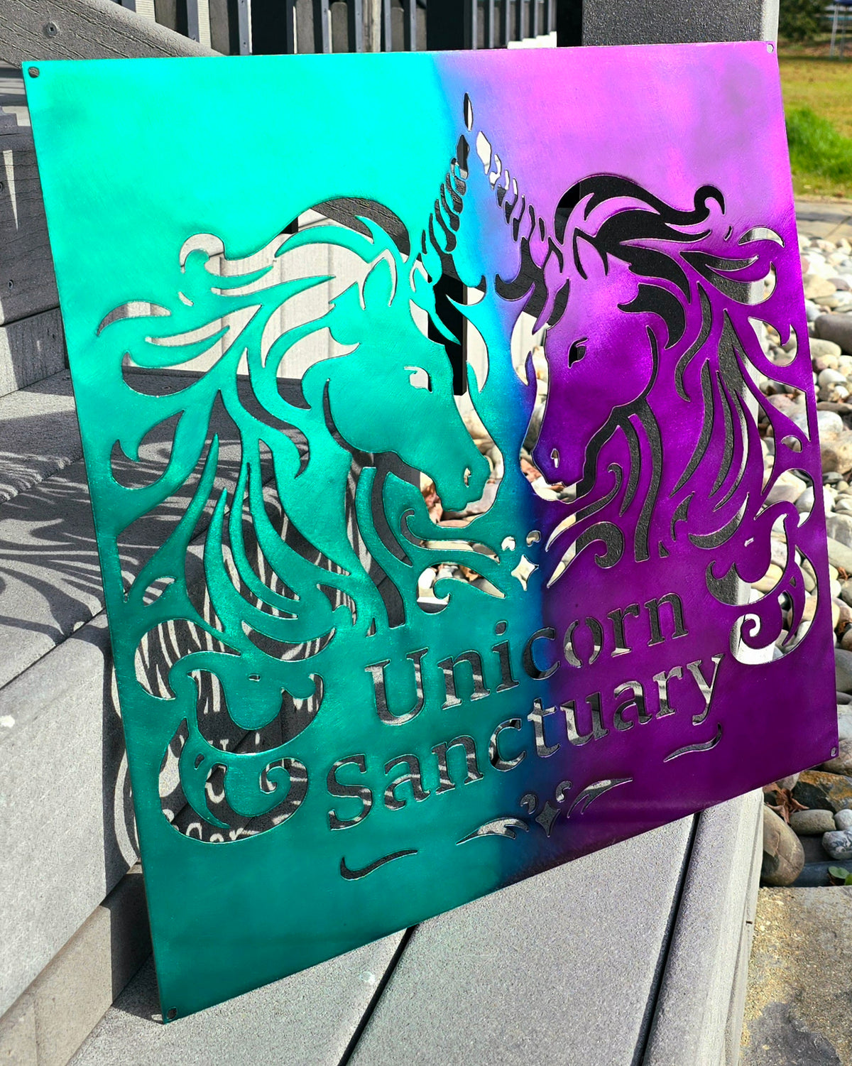 Unicorn sanctuary sign in green and purple by Elite Metalworking