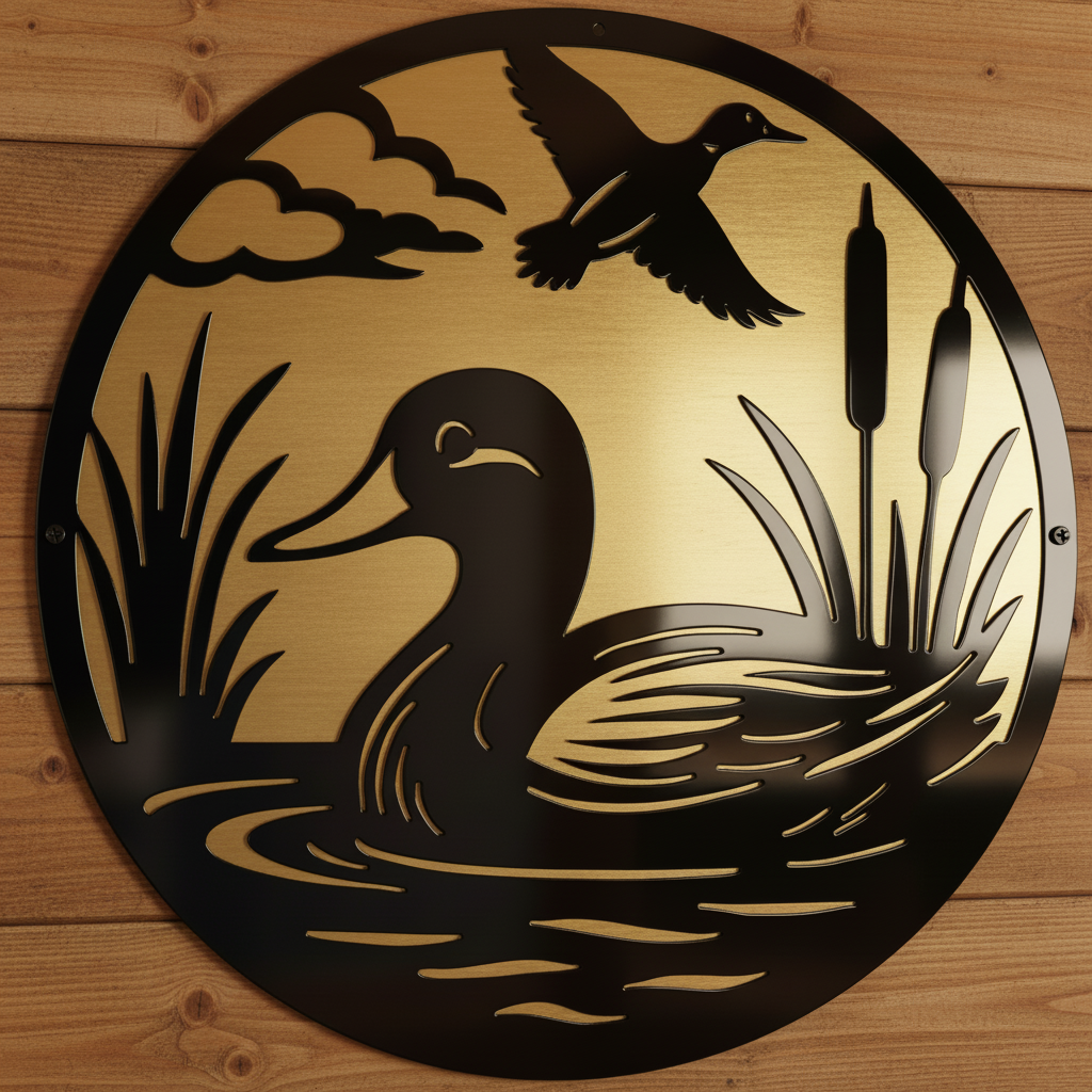 Decorative metal art piece with two ducks in a natural setting.