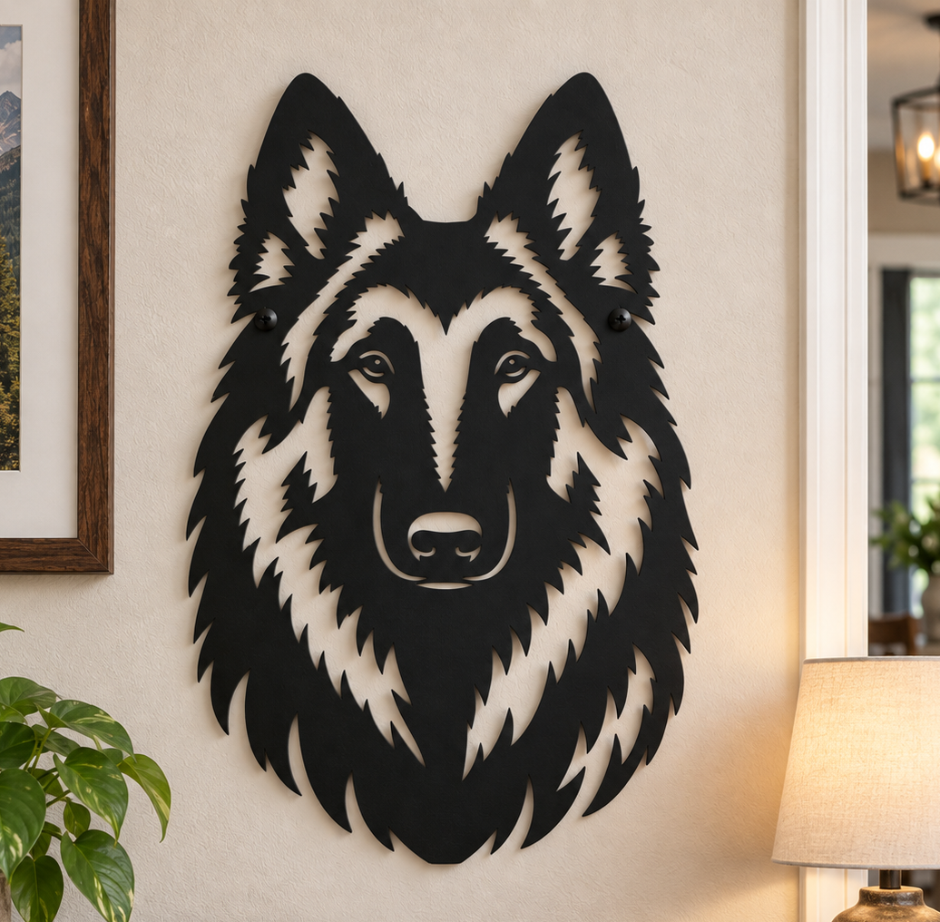 Belgian Tervuren metal wall art in matte black displayed on a home wall