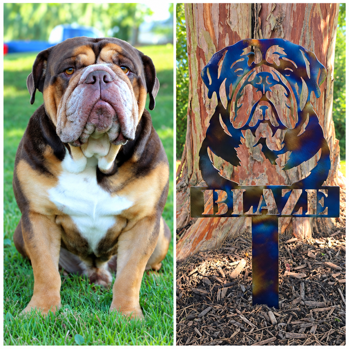 Blaze original dog photograph beside the finished personalized metal portrait garden stake by Elite Metalworking