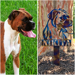 Nikita original dog photograph beside the finished personalized metal portrait garden stake by Elite Metalworking