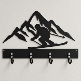 Matte black Skiing Mountains Key & Leash Hanger with four black hooks, single-layer steel design