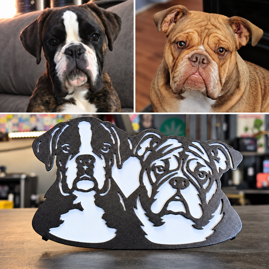 Original boxer and bulldog photographs above their finished two-dog custom metal hitch cover with a heart between the portraits