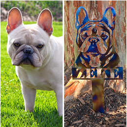 Zeke original dog photograph beside the finished personalized metal portrait garden stake by Elite Metalworking