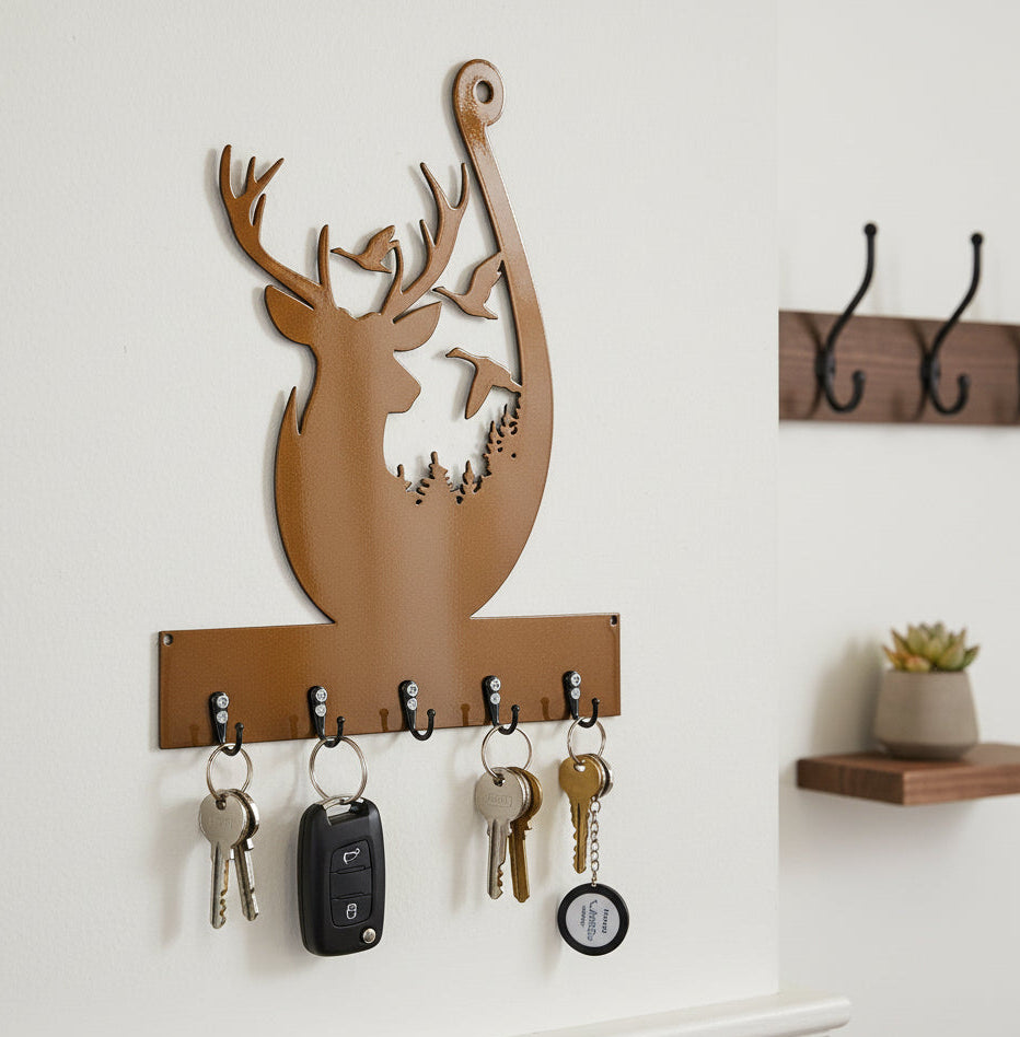 Wooden deer-shaped key holder with keys on a white wall