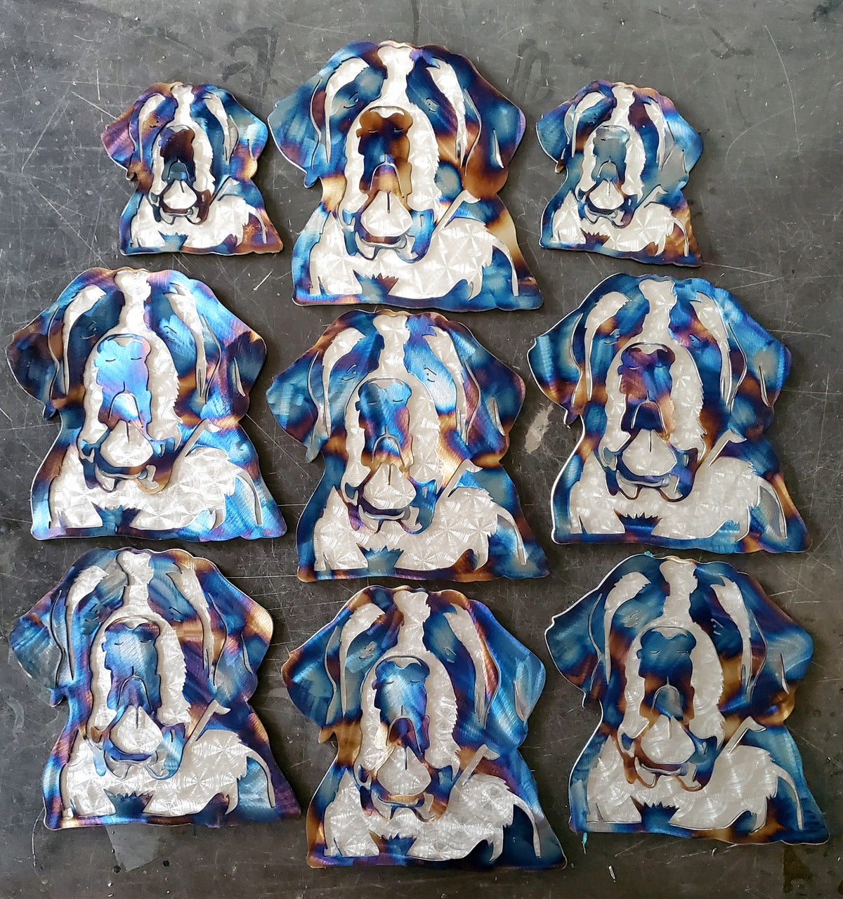 Freestanding dog portrait awards arranged in several sizes by Elite Metalworking