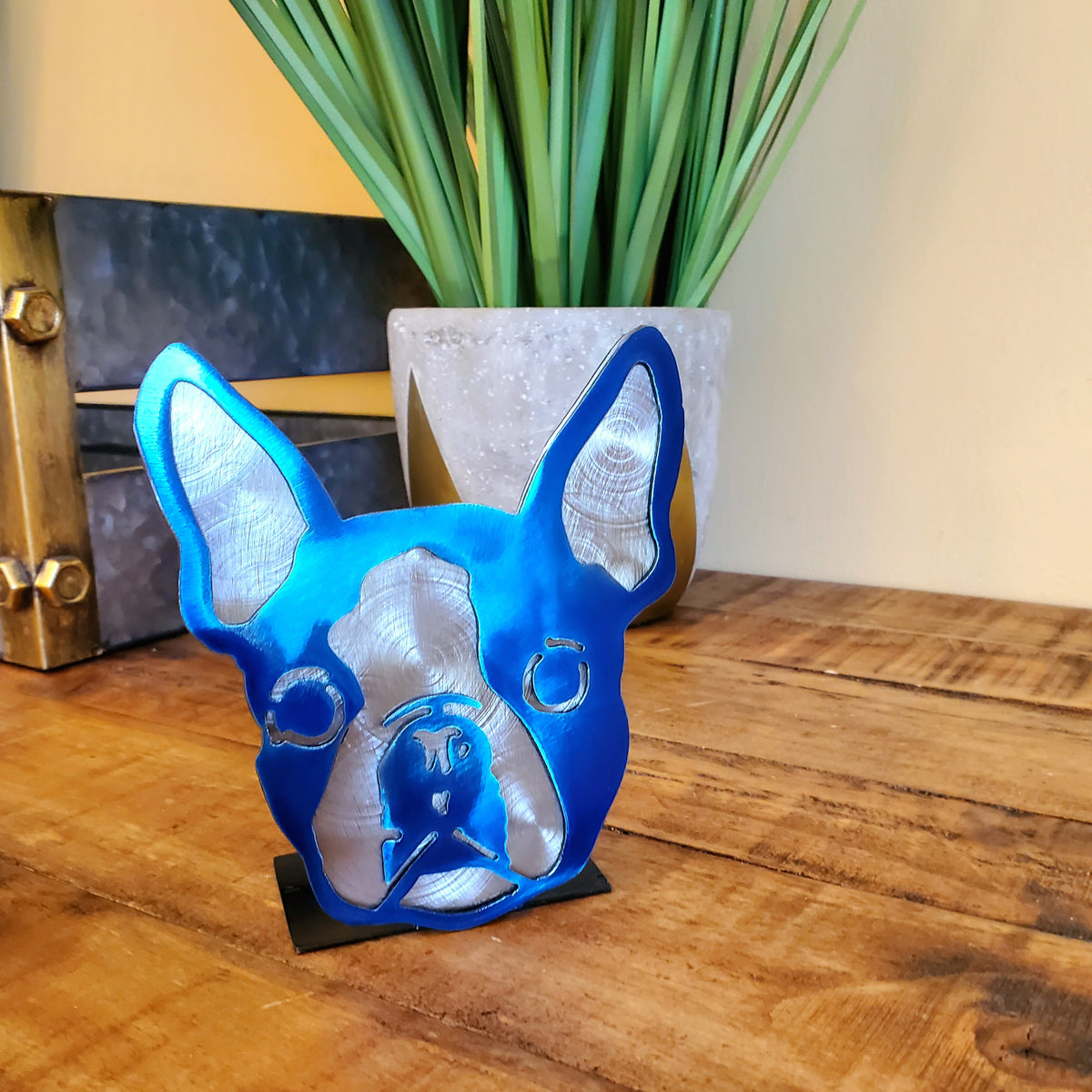Freestanding metal dog portrait displayed on a tabletop base by Elite Metalworking