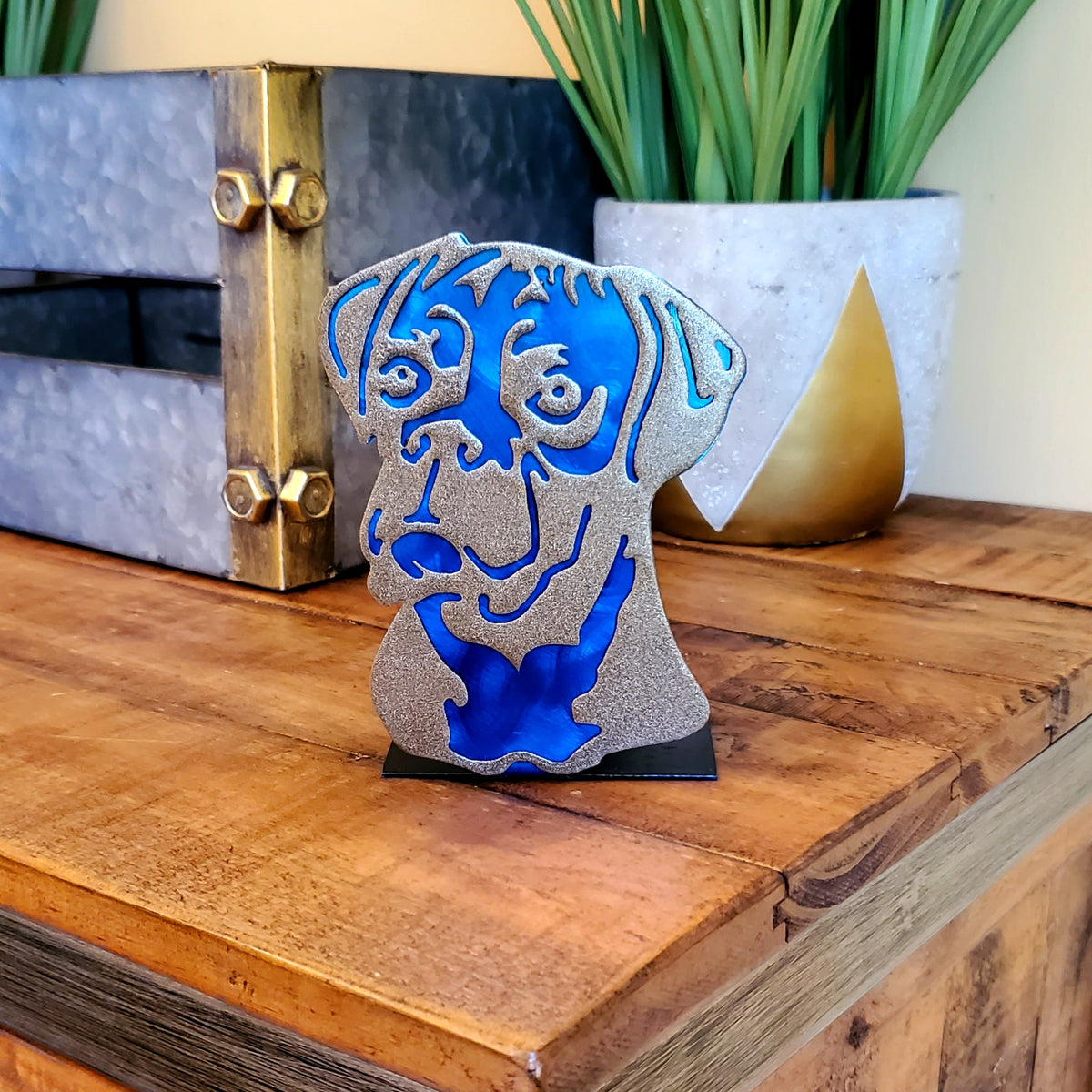 Freestanding metal dog portrait displayed on a tabletop base by Elite Metalworking