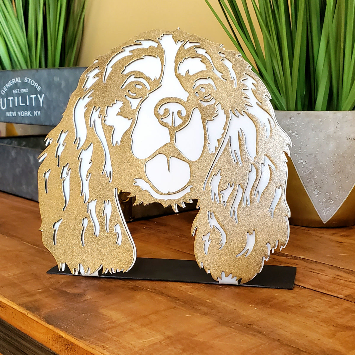 Freestanding metal dog portrait displayed on a tabletop base by Elite Metalworking