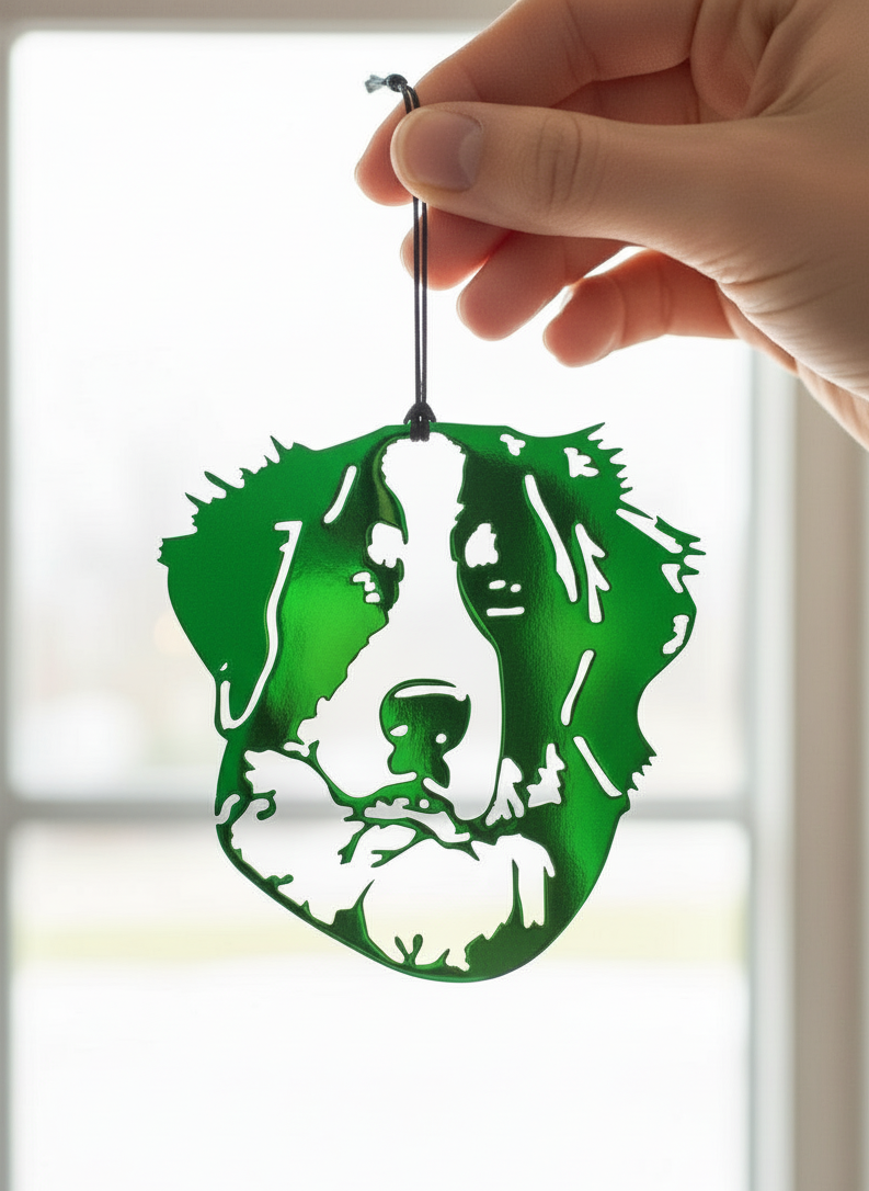 Green and white silhouette of a dog held by a hand against a blurred indoor background