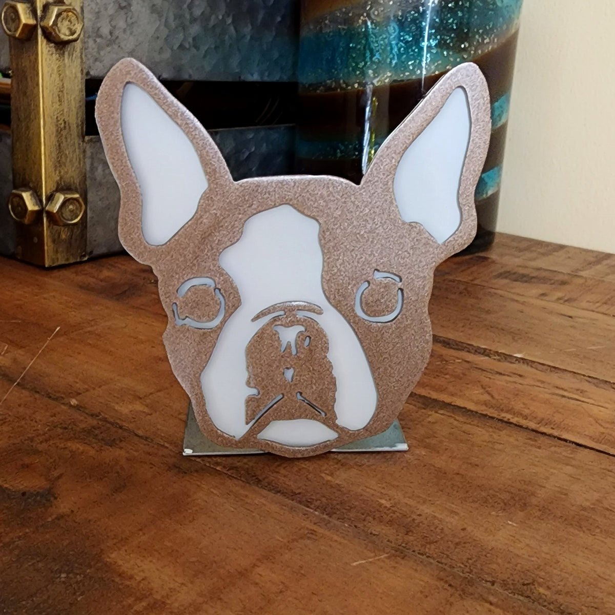 Freestanding metal dog portrait displayed on a tabletop base by Elite Metalworking