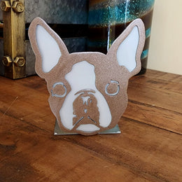 Freestanding metal dog portrait displayed on a tabletop base by Elite Metalworking