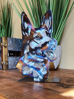 Freestanding metal dog portrait displayed on a tabletop base by Elite Metalworking
