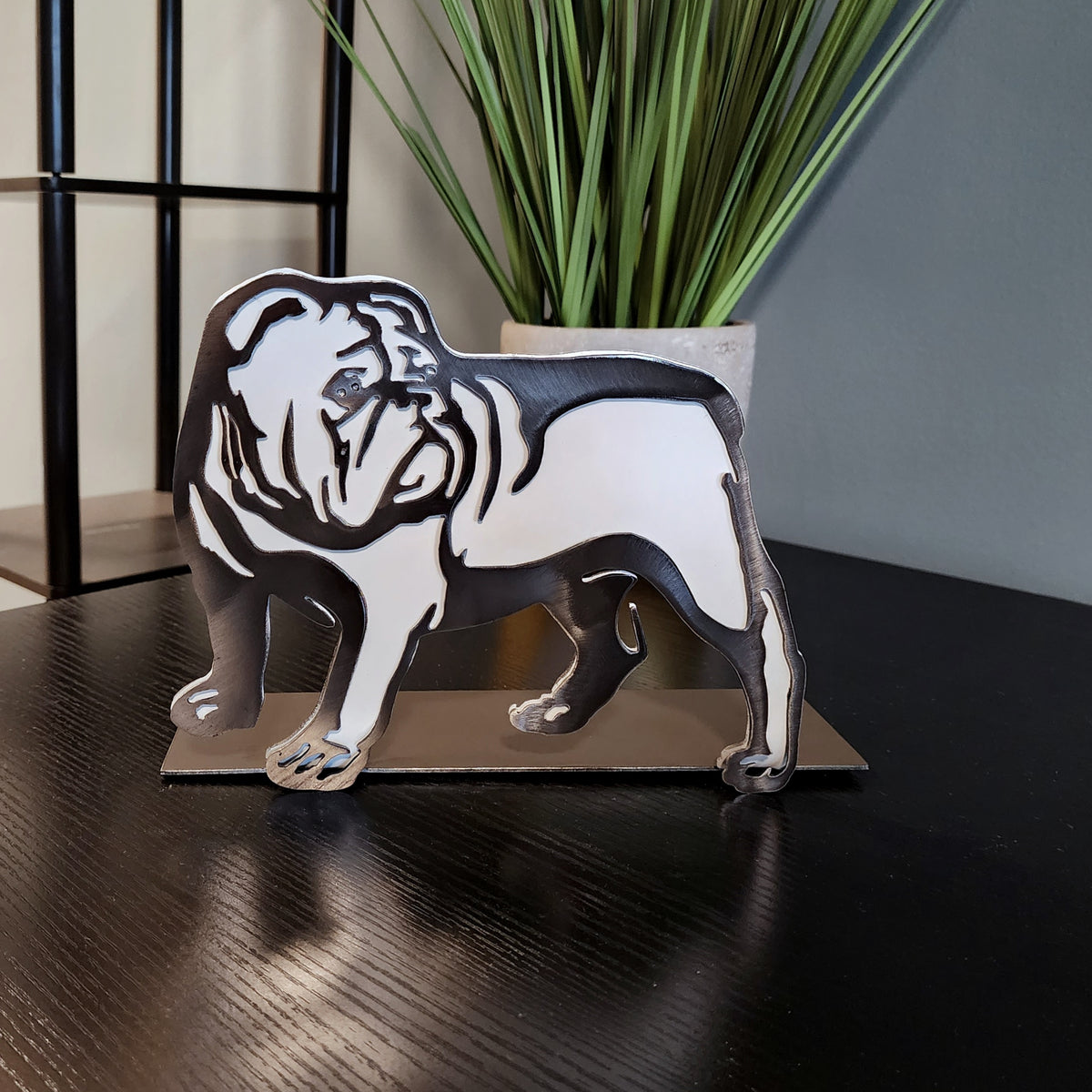 Freestanding metal dog portrait displayed on a tabletop base by Elite Metalworking
