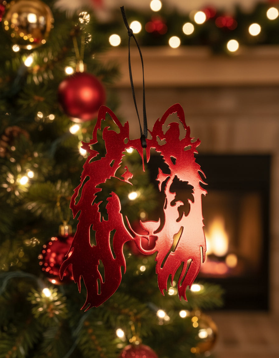 A custom metal art ornament in the shape of a Rough Collie with a powder-coated finish, featuring vibrant colors and intricate details.