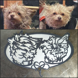 Two dog photographs with paired metal portraits by Elite Metalworking