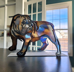 Freestanding metal dog portrait displayed on a tabletop base by Elite Metalworking