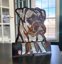 Freestanding metal dog portrait displayed on a tabletop base by Elite Metalworking