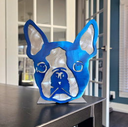 Freestanding metal dog portrait displayed on a tabletop base by Elite Metalworking