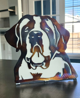 Freestanding metal dog portrait displayed on a tabletop base by Elite Metalworking