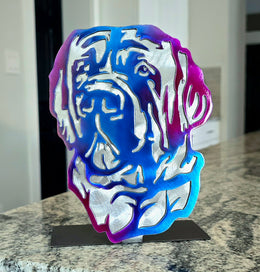 Freestanding metal dog portrait displayed on a tabletop base by Elite Metalworking