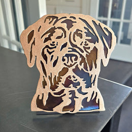 Freestanding metal dog portrait displayed on a tabletop base by Elite Metalworking