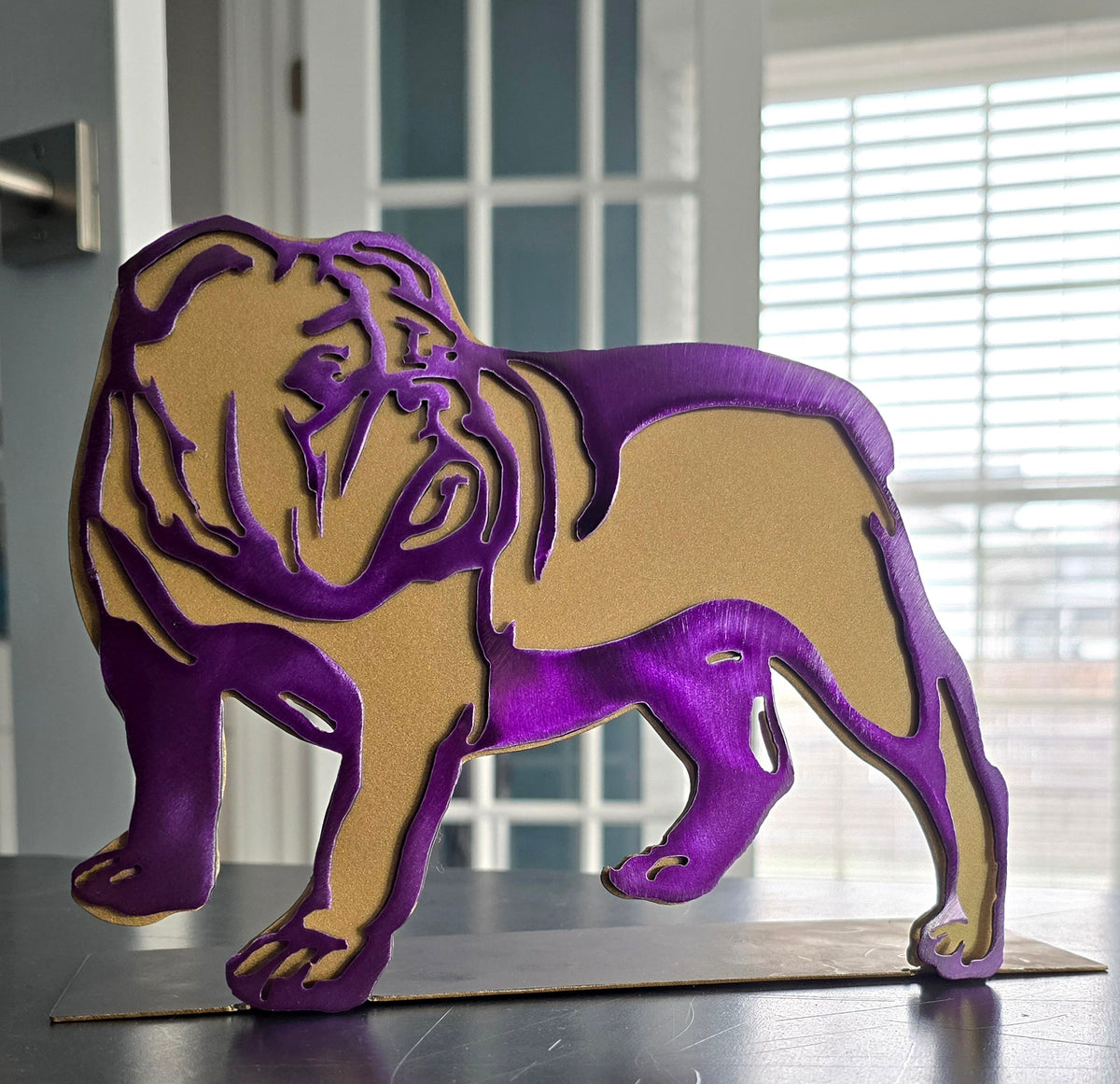 Purple and gold freestanding bulldog metal art by Elite Metalworking