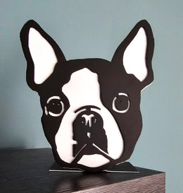 Freestanding metal dog portrait displayed on a tabletop base by Elite Metalworking