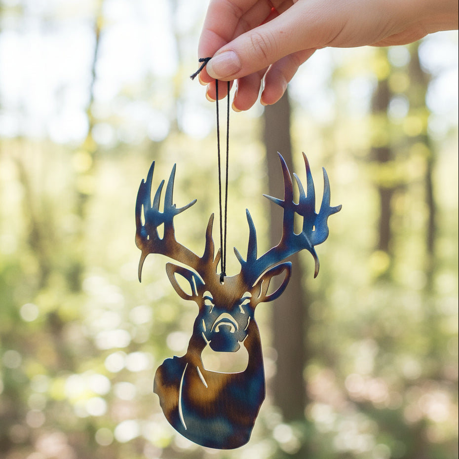 Metallic deer head sculpture on a textured gray background
