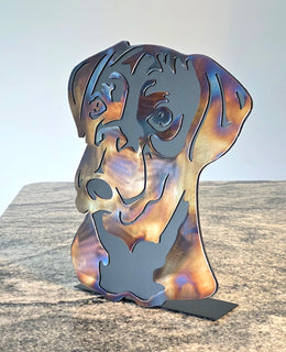 Freestanding metal dog portrait displayed on a tabletop base by Elite Metalworking