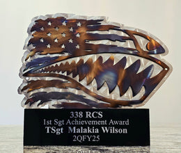 American flag shark-head achievement award with an engraved plate by Elite Metalworking