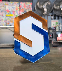 Orange blue and silver business logo hitch cover by Elite Metalworking