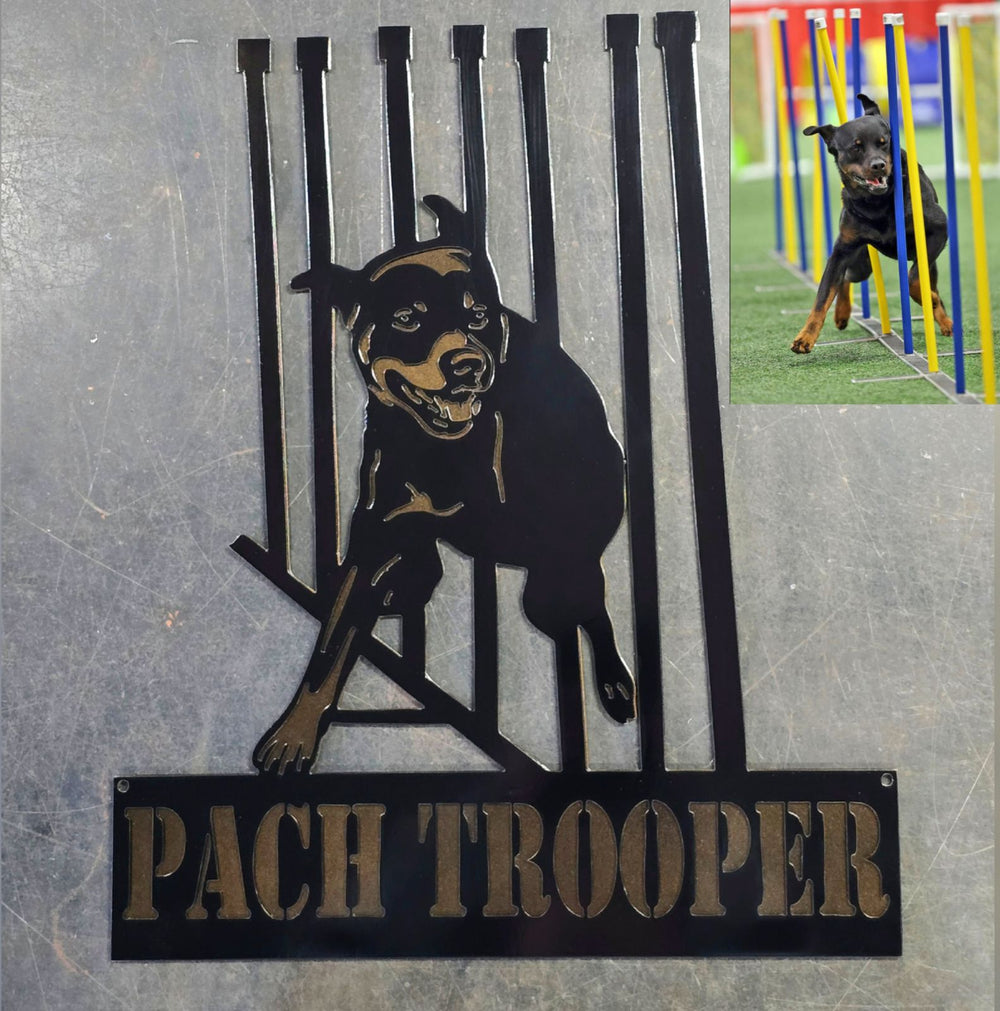 Pach Trooper dog artwork with lettering by Elite Metalworking