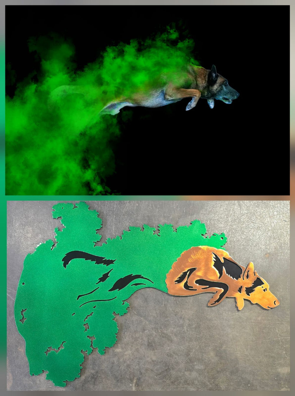 Dog action photograph and custom colored metal silhouette by Elite Metalworking