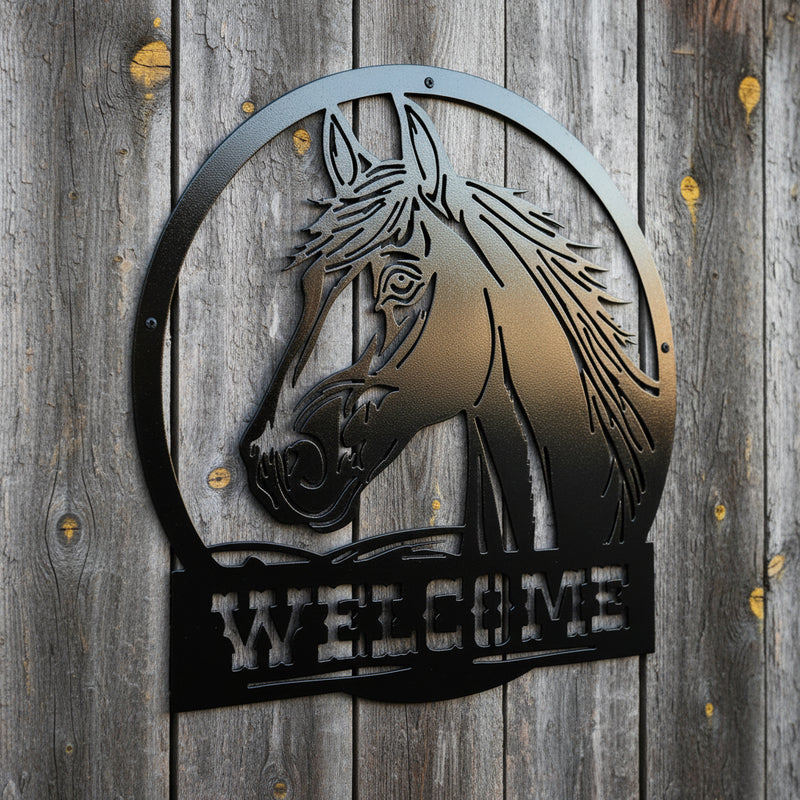 Decorative metal sign with horse design and 'WELCOME' text held by a hand against a gray background