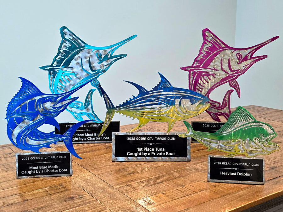 Two layered Wisco Bass fishing tournament champion trophies made by Elite Metalworking