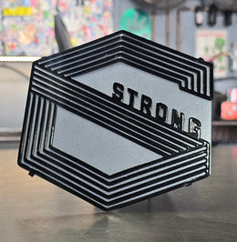 Strong geometric black and silver hitch cover by Elite Metalworking