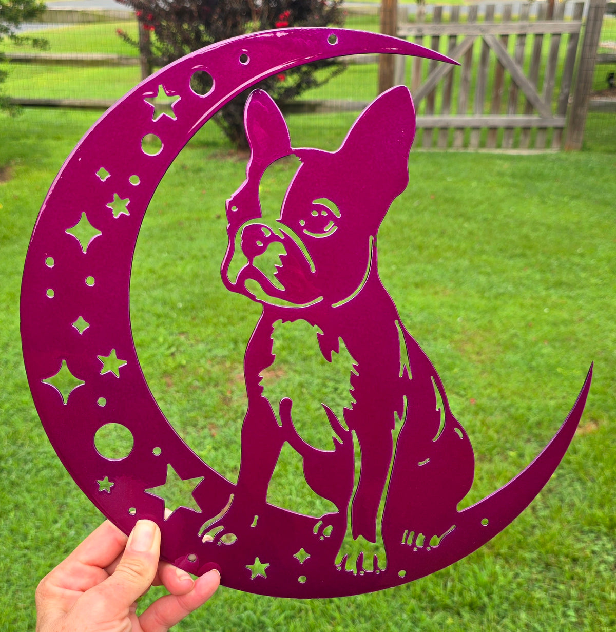 Pink Boston Terrier on the Moon metal art held outdoors by Elite Metalworking