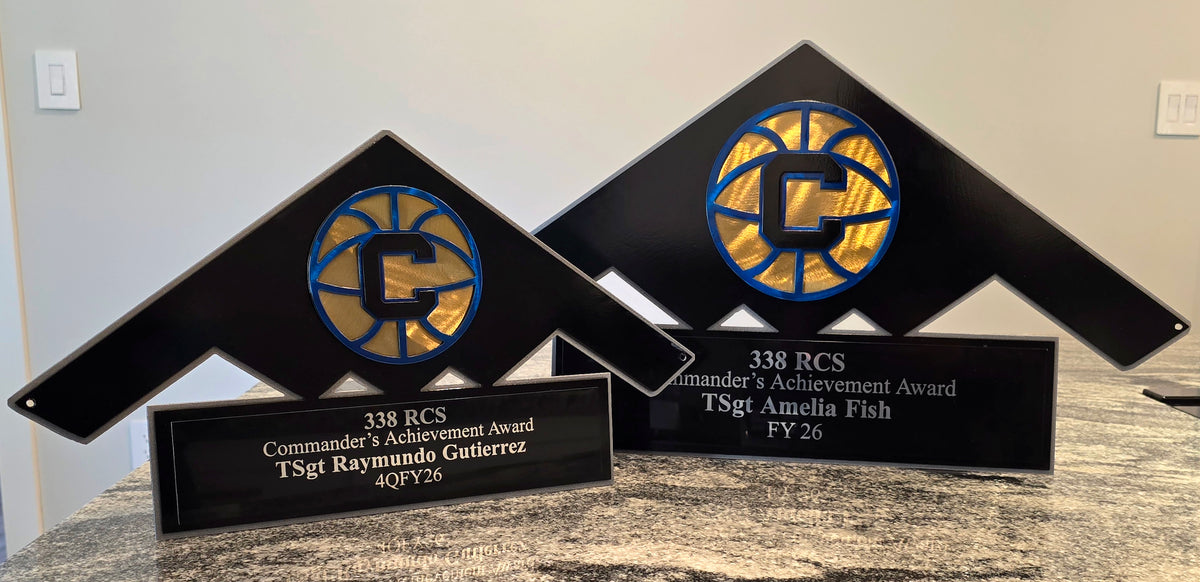Pair of triangular military awards with engraved plates by Elite Metalworking