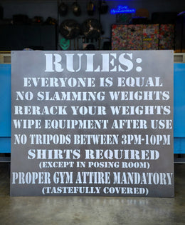 Custom metal gym rules sign with cut lettering and a powder coated finish
