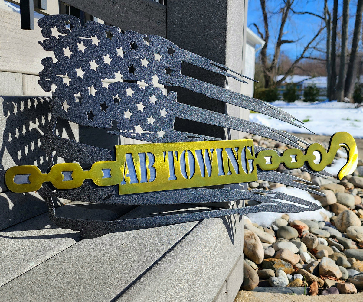 Tow truck company American flag sign by Elite Metalworking