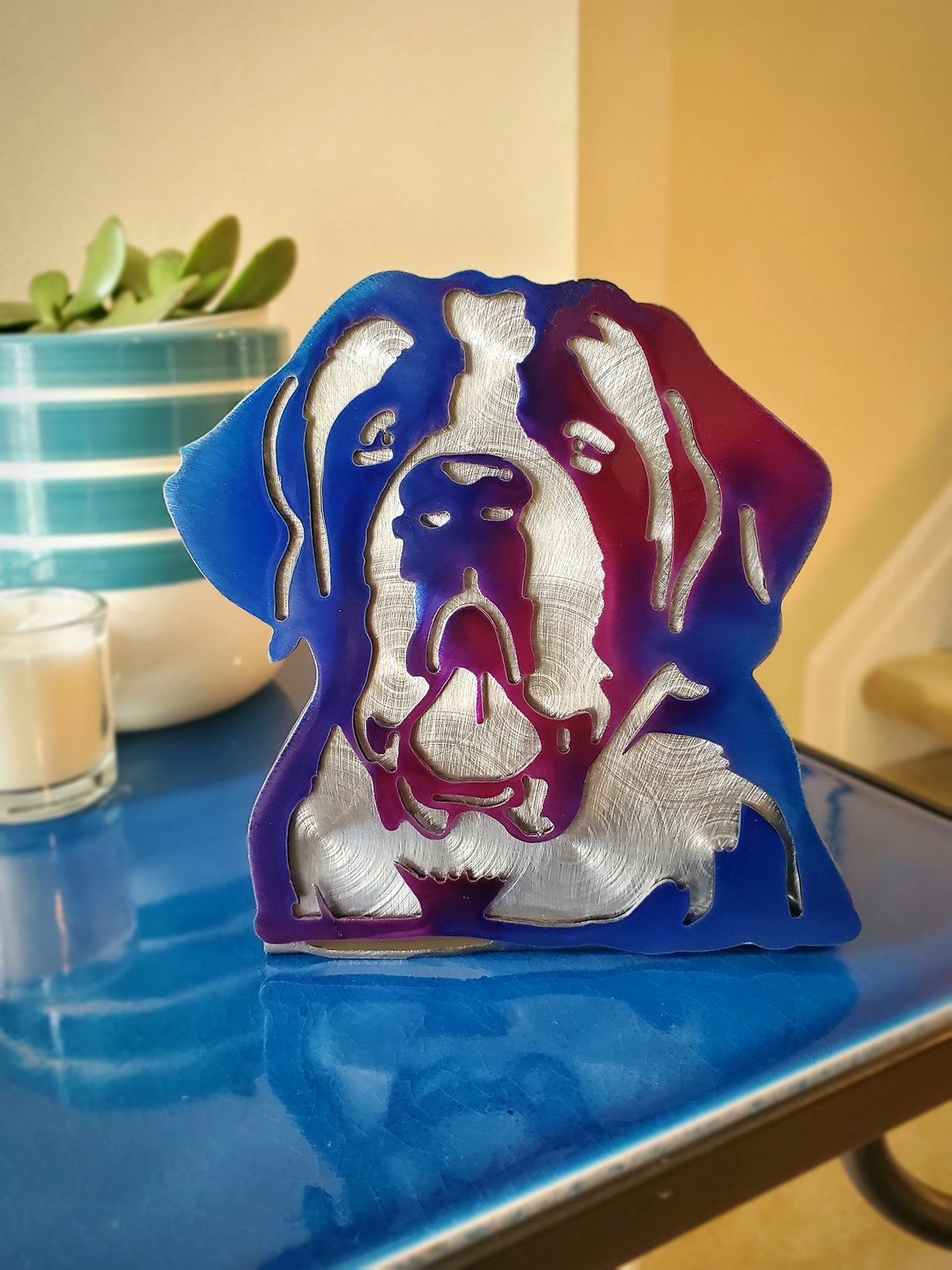 Freestanding metal dog portrait displayed on a tabletop base by Elite Metalworking