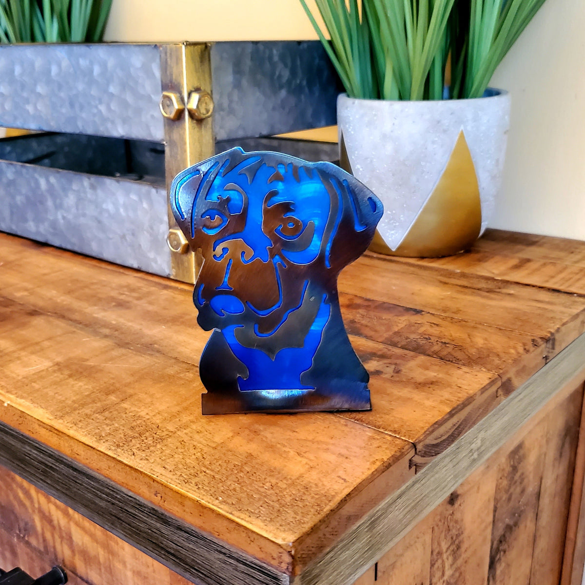 Freestanding metal dog portrait displayed on a tabletop base by Elite Metalworking